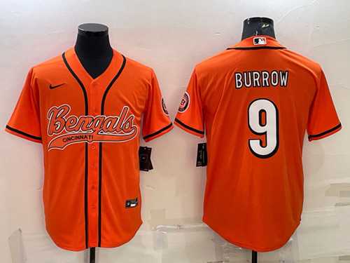 Mens Cincinnati Bengals #9 Joe Burrow Orange With Patch Cool Base Stitched Baseball Jersey